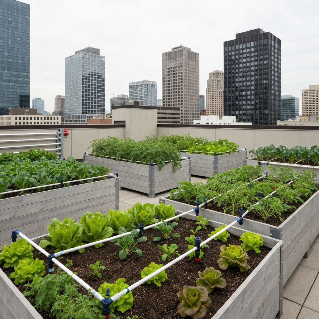 Rooftop urban farming with lush greenery